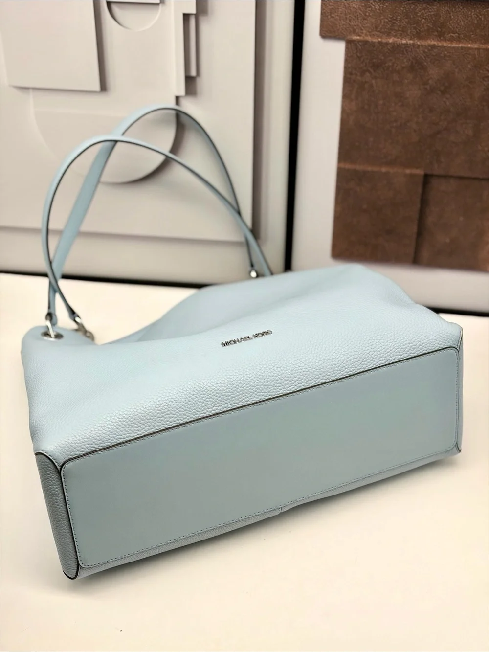 Michael Kors Christina Large Pebbled Leather Shoulder Tote Bag  Pale Ocean NWT